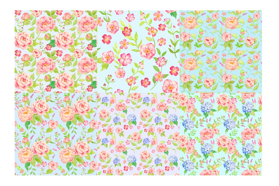 经典蓝色主题无缝水彩牡丹绣球图案 Peach Peony Hydrangea Blue Pattern插图(1)