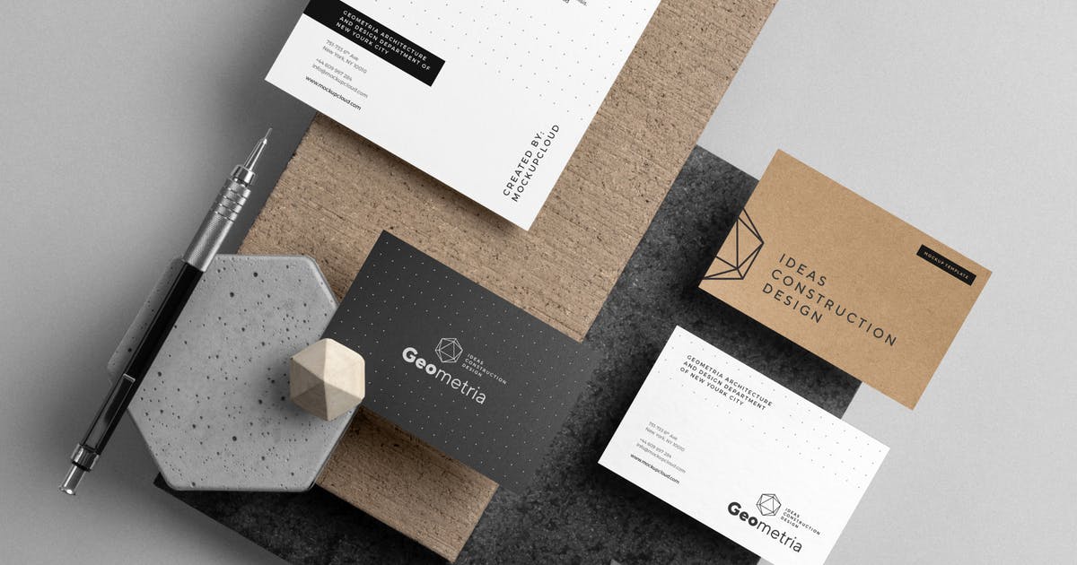 企业品牌VI设计办公文具立体悬浮俯视图样机PSD模板插图