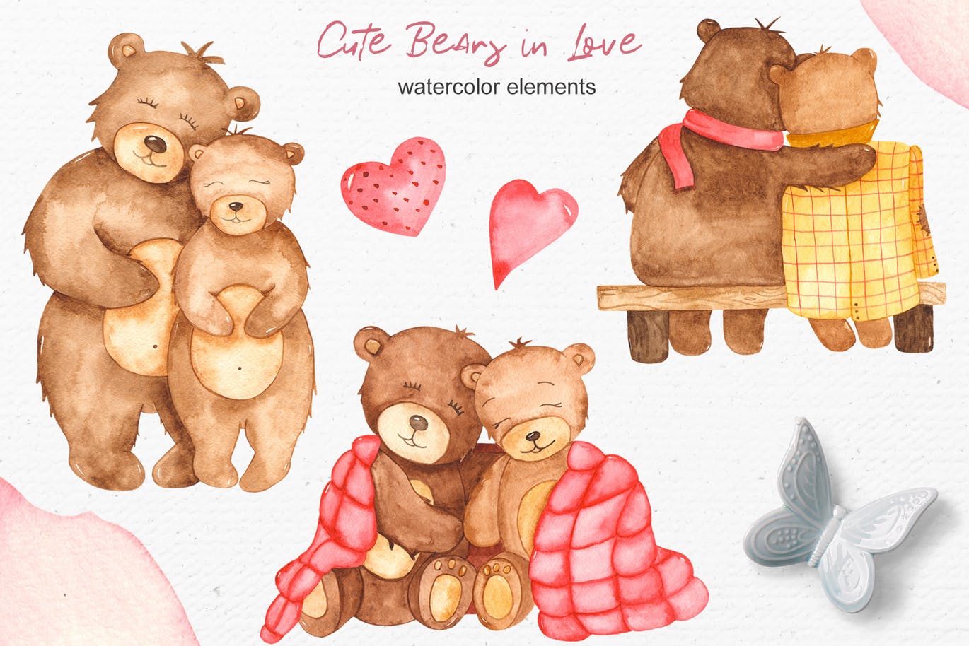 水彩可爱熊手绘图案剪贴画&卡片素材 Watercolor cute bears in love. Clipart and cards插图(1)