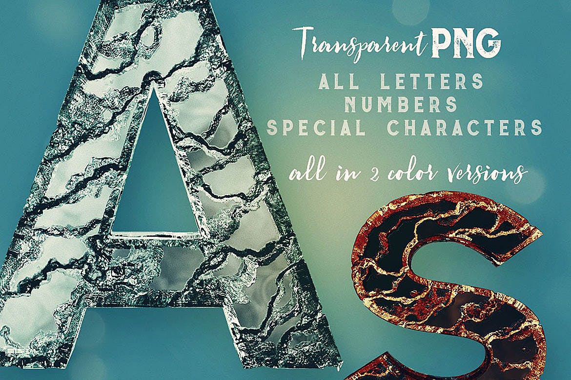 时尚高端3D立体破裂的玻璃质感的数字英文字体（png）插图(1)