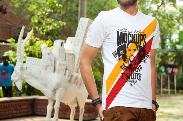 时尚男士V领T恤印花设计服装样机 Stylish V-Neck T-Shirt Mockups插图(6)