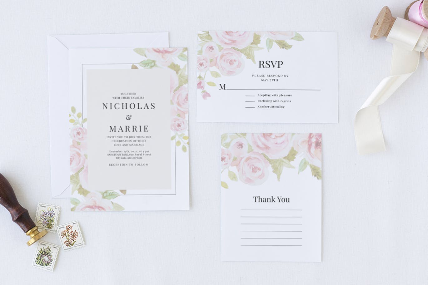 淡雅水彩背景婚礼邀请设计素材包 Set of Watercolor Wedding Suite插图