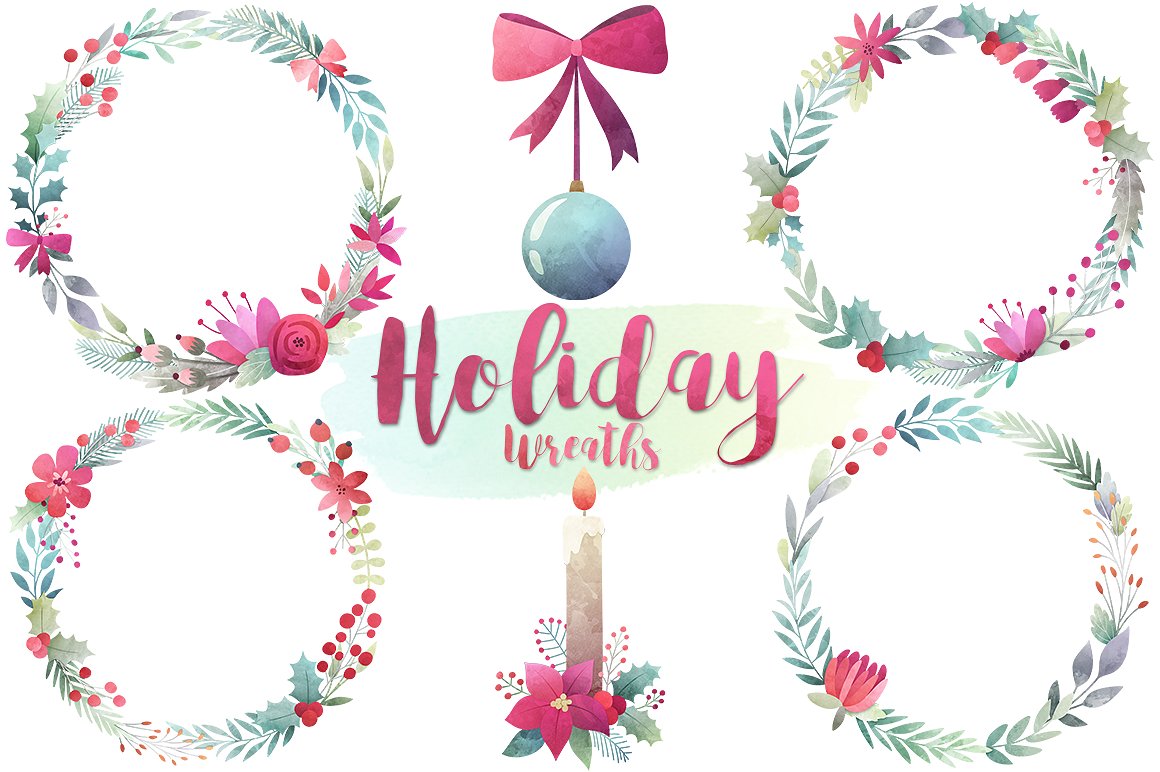 水彩画圣诞花环剪贴画素材 Watercolor Christmas Wreaths插图