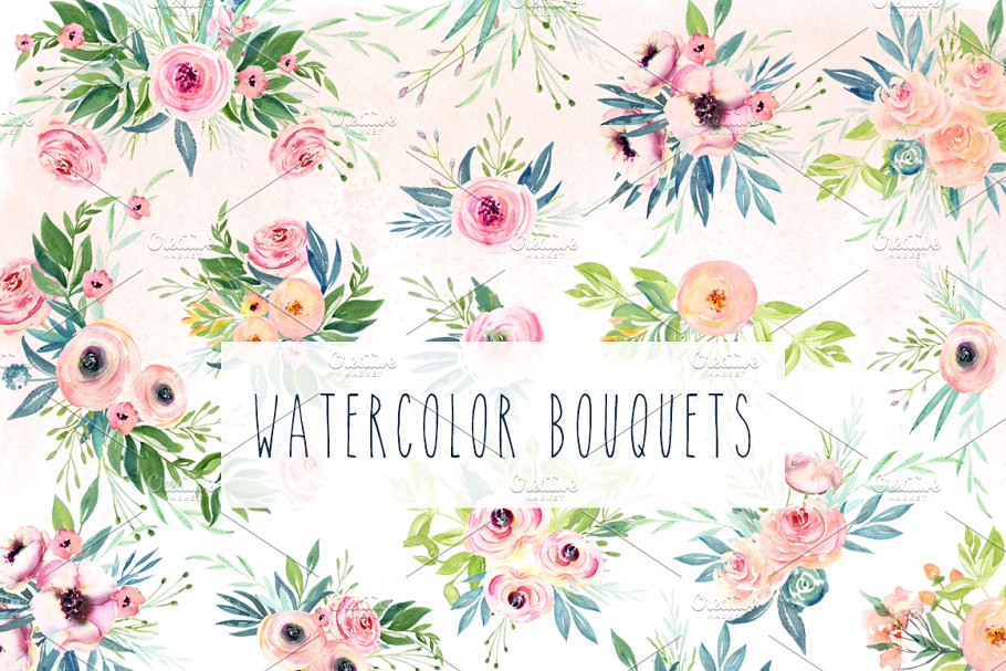 春天之吻水彩花卉剪贴画 Watercolor Floral Kiss of Spring插图(1)