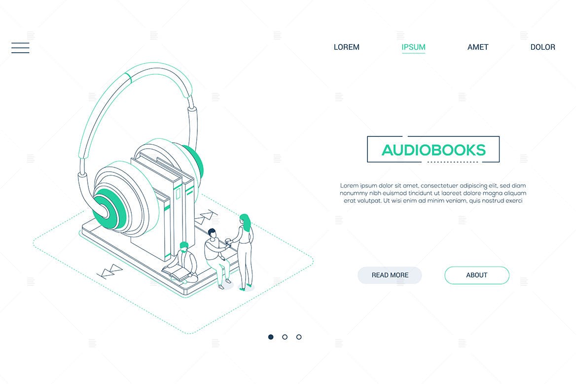 有声读物主题网站Banner设计线性矢量插画素材 Audiobooks – line design isometric web banner插图(1)