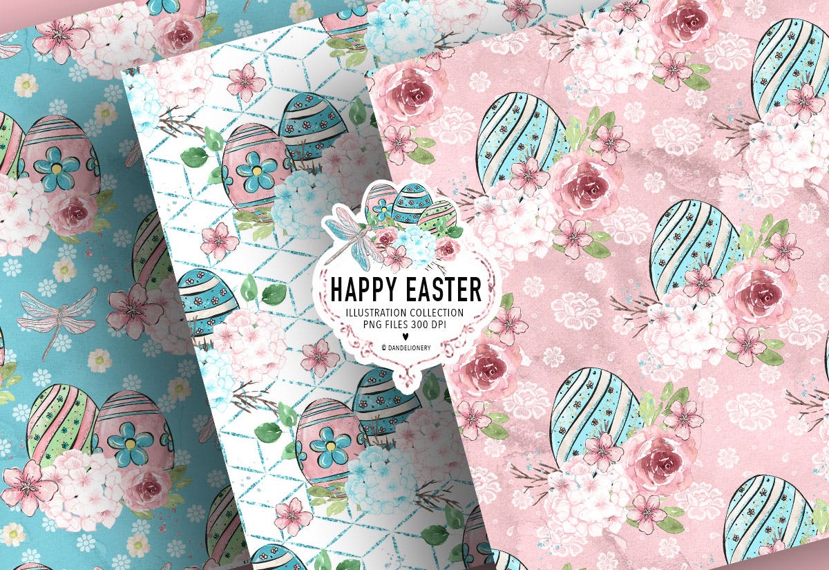 复活节蜻蜓水彩手绘数码纸张图案设计背景素材 Happy Easter dragonfly digital paper pack插图(4)