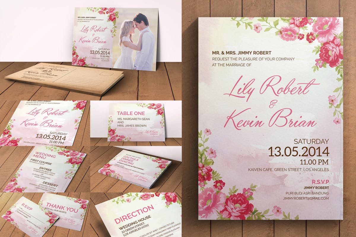 粉红色系水彩花卉婚礼邀请函设计套装模板 Flower Wedding Invitation Pack插图