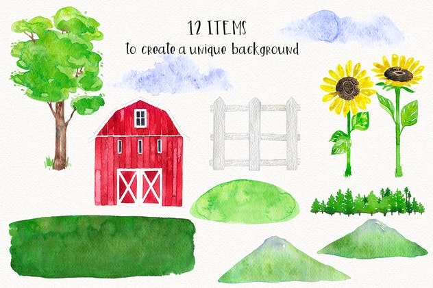 农场家畜动物水彩插画套装Vol.1 FARM ANIMALS watercolor set PART 1插图(2)