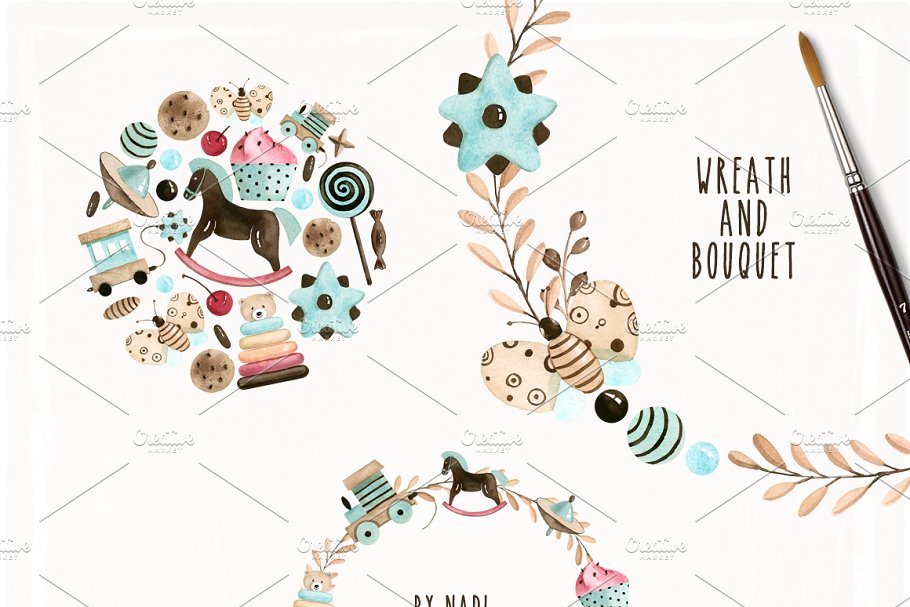 婴儿儿童主题水彩剪贴画 Watercolor Baby Dreams插图(4)