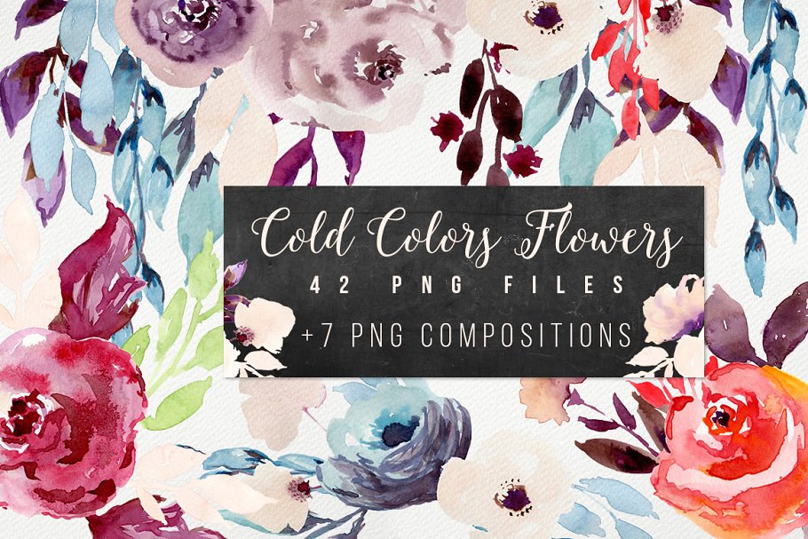 冷色调水彩花卉剪贴画 Cold Colors Flowers插图