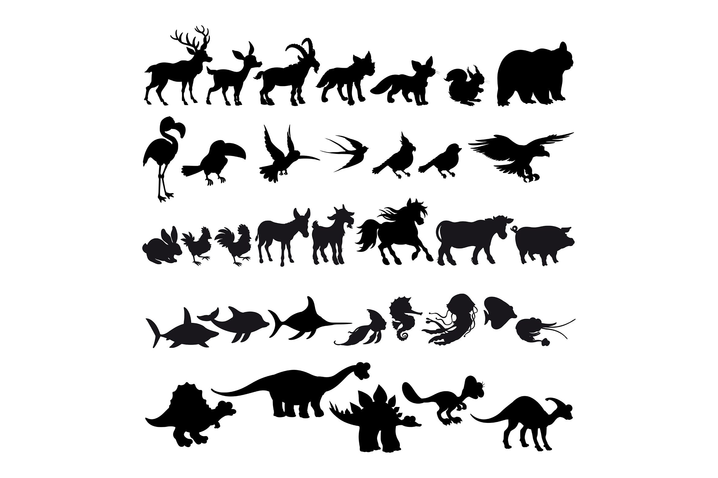 卡通动物剪影矢量插画素材库精选素材 Silhouettes of Cartoon Animals插图