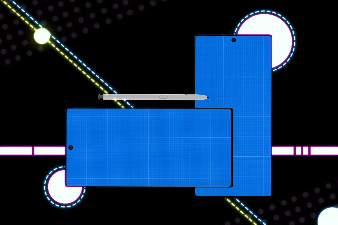 酷黑背景三星智能手机Note 10多角度屏幕预览样机模板 Neon Note 10 MockUp插图(11)