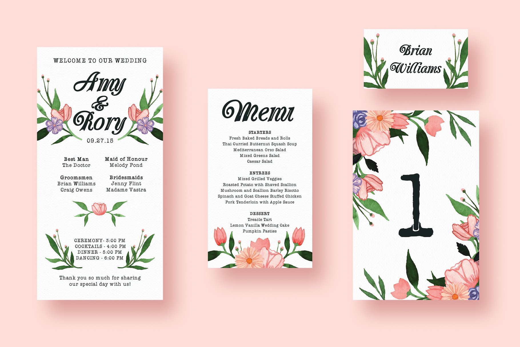 手绘水彩花卉装饰婚礼邀请函设计模板 Floral Watercolor Wedding Suite插图(1)