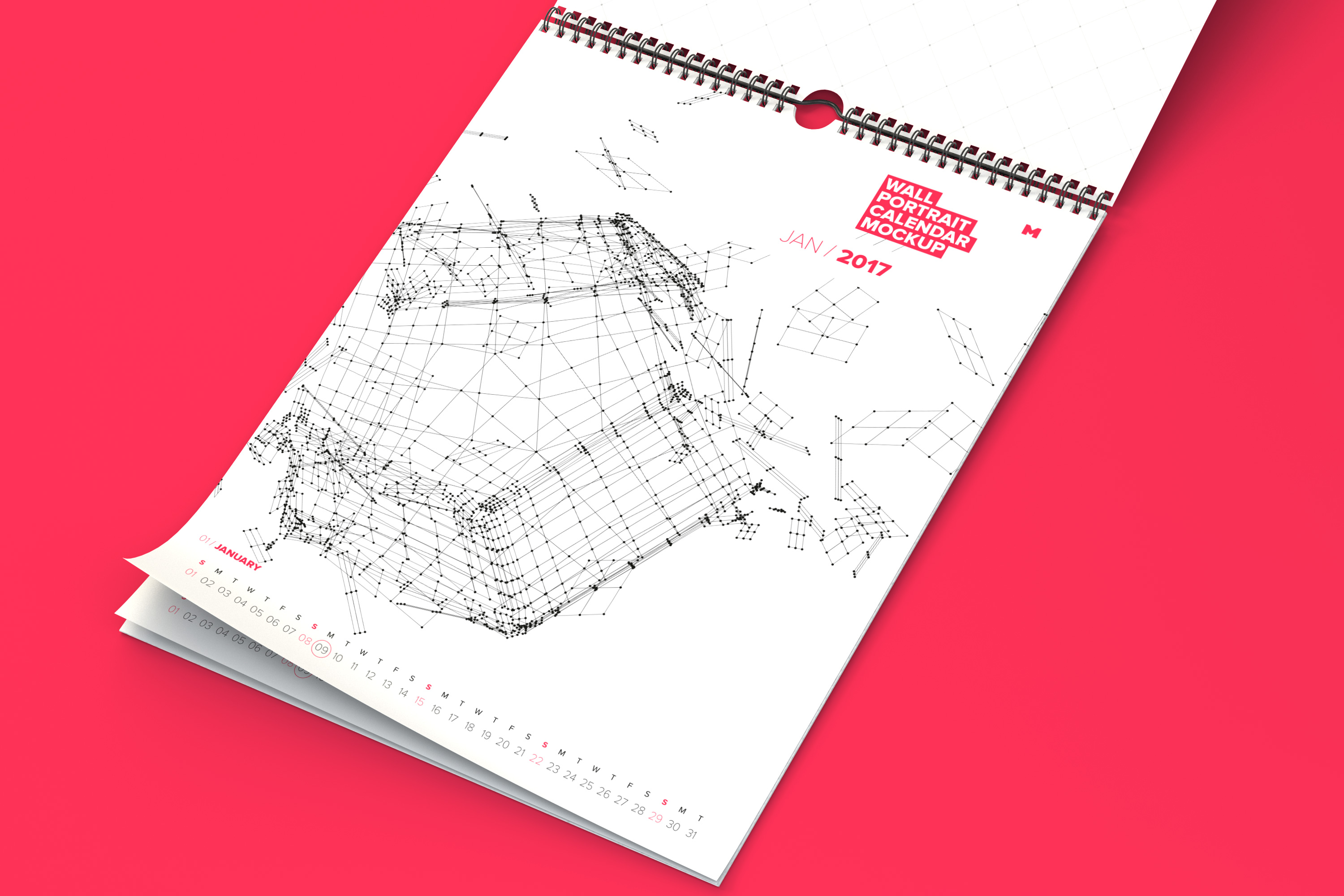 活页日历年历设计展开效果图样机模板 Opened Perspective Wall Portrait Calendar Mockup插图