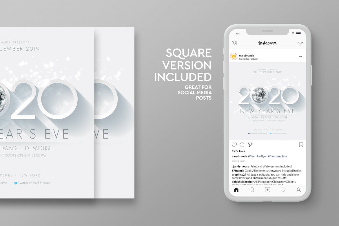 简约长阴影设计风格2020新年主题横版传单设计模板 2020 New Years Flyer Template插图(2)
