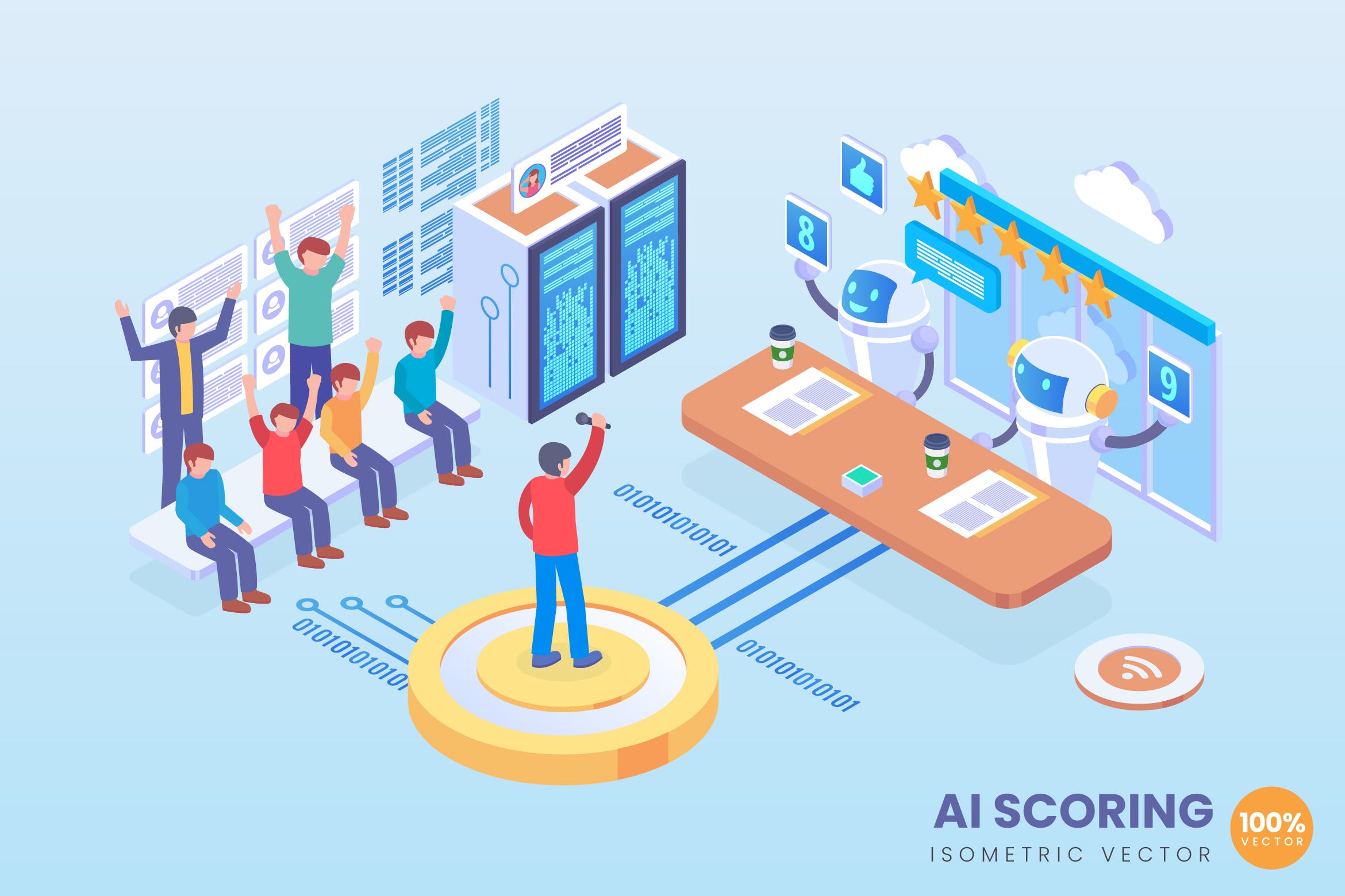 人工智能自动评分主题等距矢量素材库精选概念插画 Isometric AI Automated Scoring Vector Concept插图