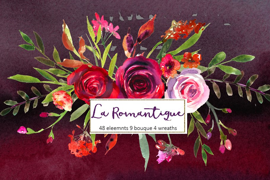 勃艮第红粉水彩花卉剪贴画 Burgundy Red Pink Flowers Clipart插图(20)