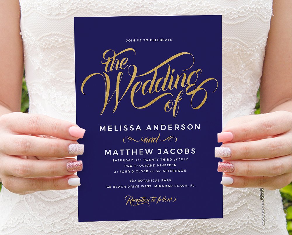 现代风格金蓝配色婚礼邀请函模板集 Modern gold blue calligraphy invites插图(2)