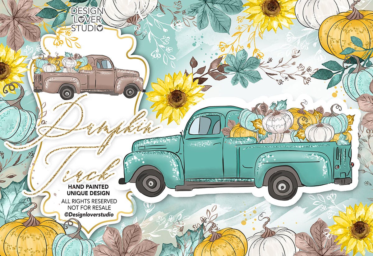 感恩节主题风格南瓜卡车手绘图案背景素材 Thanksgiving car design插图(1)