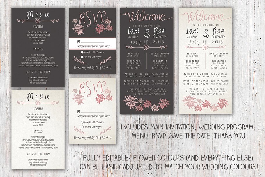 花卉装饰婚礼邀请函设计模板 Flower Wedding Invitation Suite插图(2)