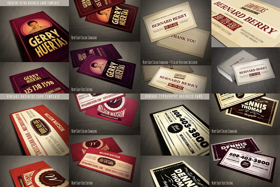 6款复古企业商务名片模板 Retro Business Cards插图(1)