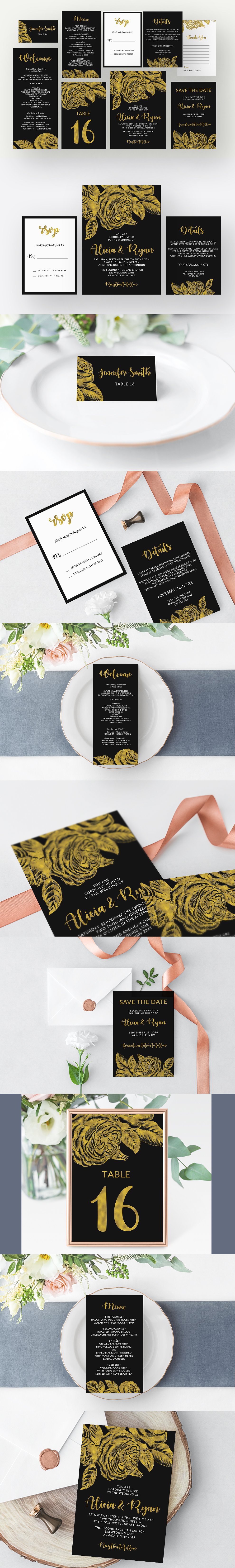高贵奢华金玫瑰图案婚礼邀请函模板合集 Gold roses flower black invitation插图