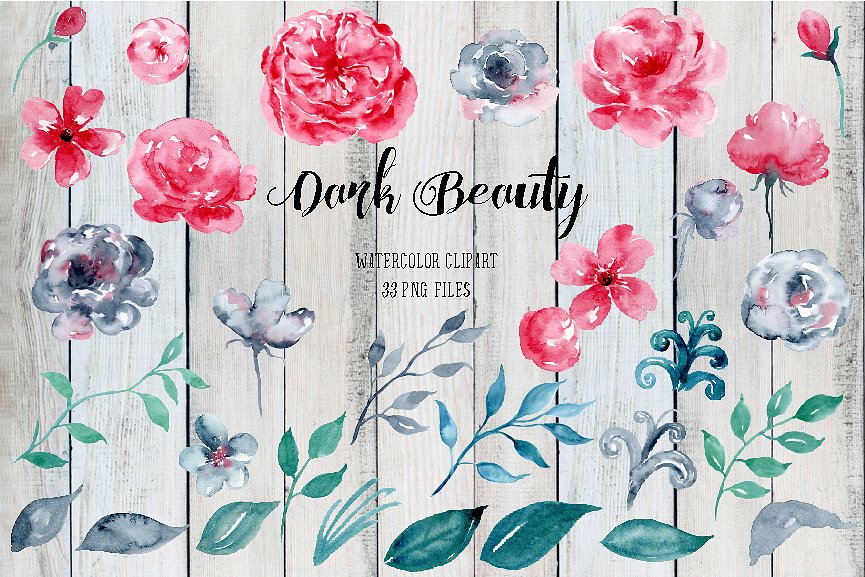 暗色水彩花卉艺术剪贴画素材 Watercolor Clipart Dark Beauty插图(1)