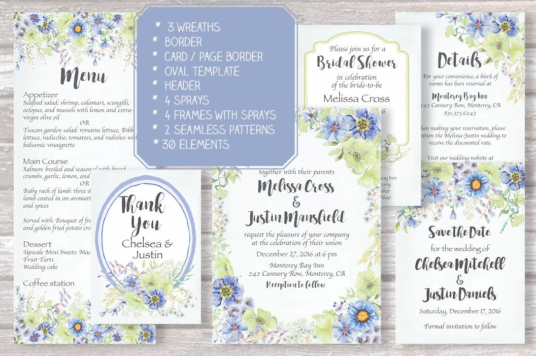 忧郁蓝水彩手绘花卉素材库精选设计素材 “Moody Blue” Watercolor Bundle插图(1)