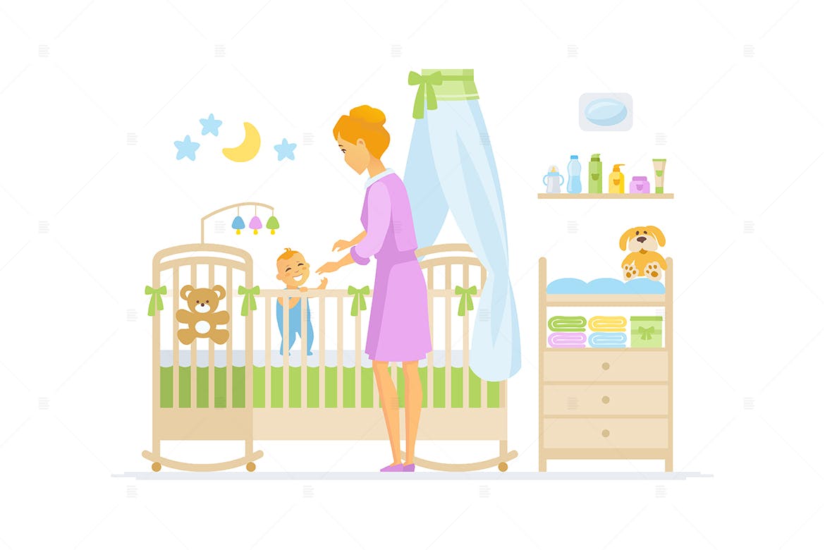 婴儿看护场景卡通人物矢量插画 Mother with baby – cartoon characters illustration插图