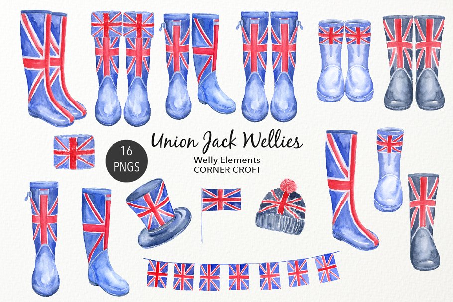 水彩英国国旗雨靴插图 Watercolour Union Jack Rain Boots插图(1)