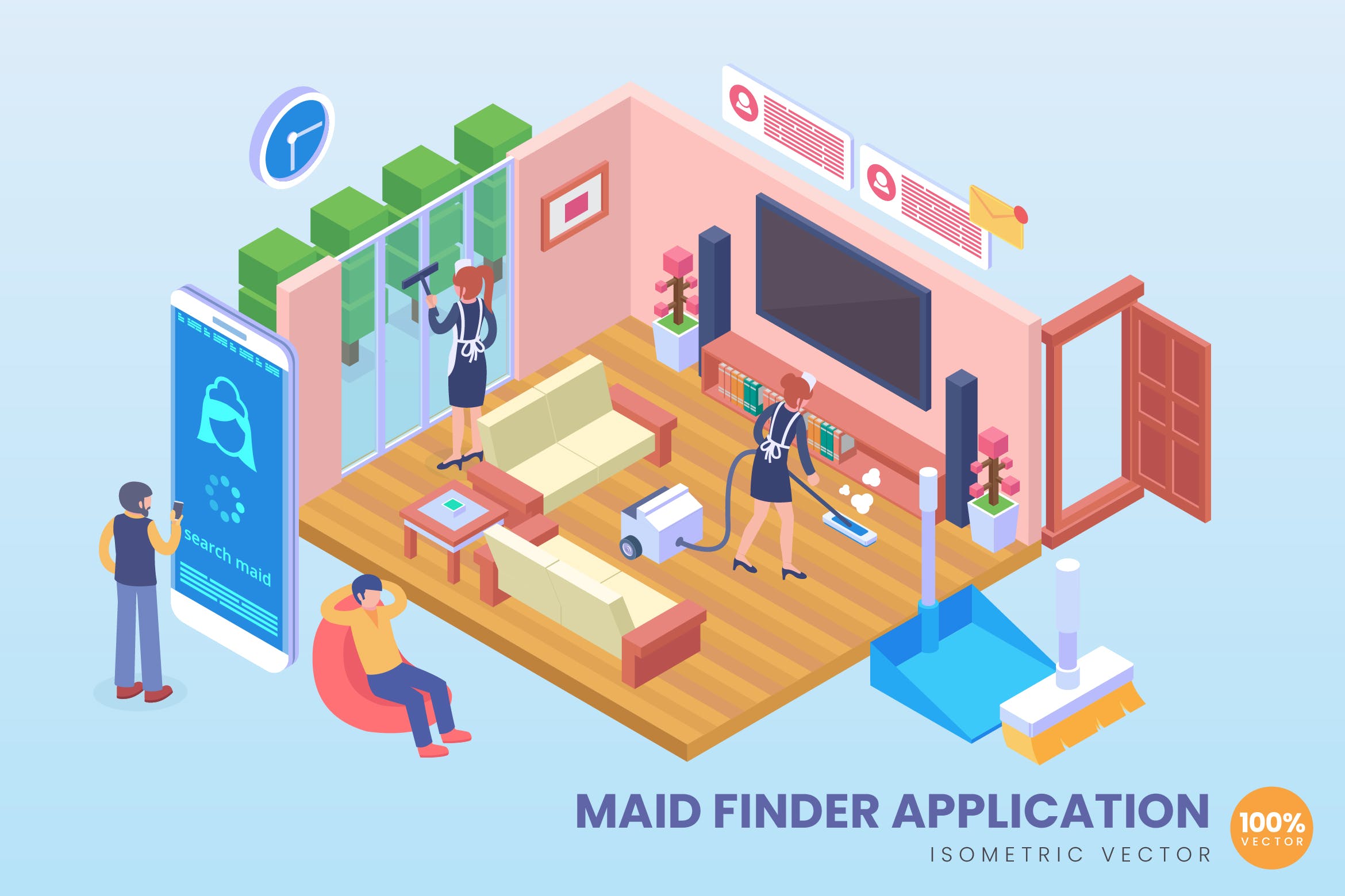 女佣家政服务APP等距矢量素材库精选科技概念插画 Isometric Maid Finder Application Vector Concept插图