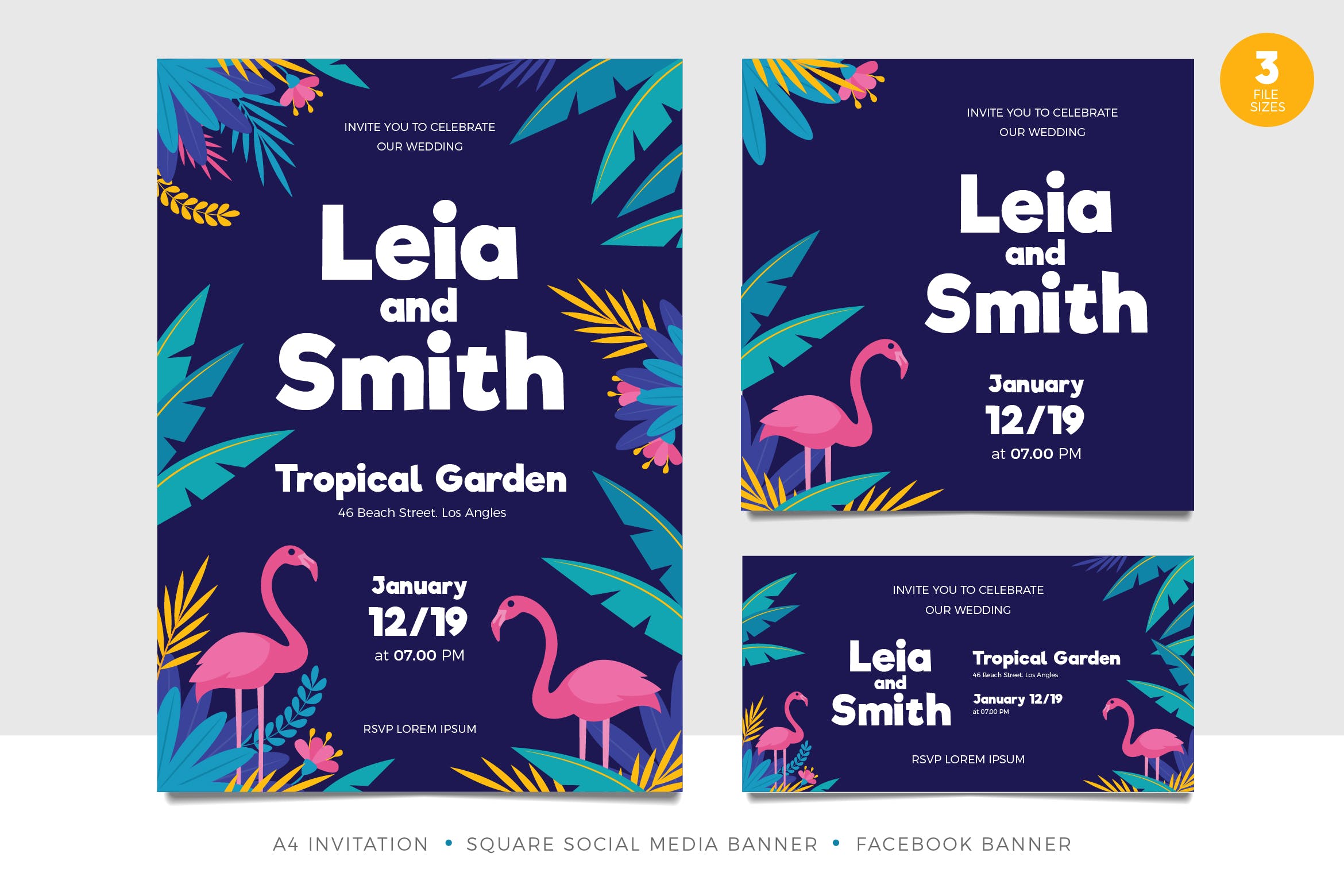 热带夏季婚礼邀请函素材库精选模板套件 Tropical Summer Wedding Invitation Set Template插图