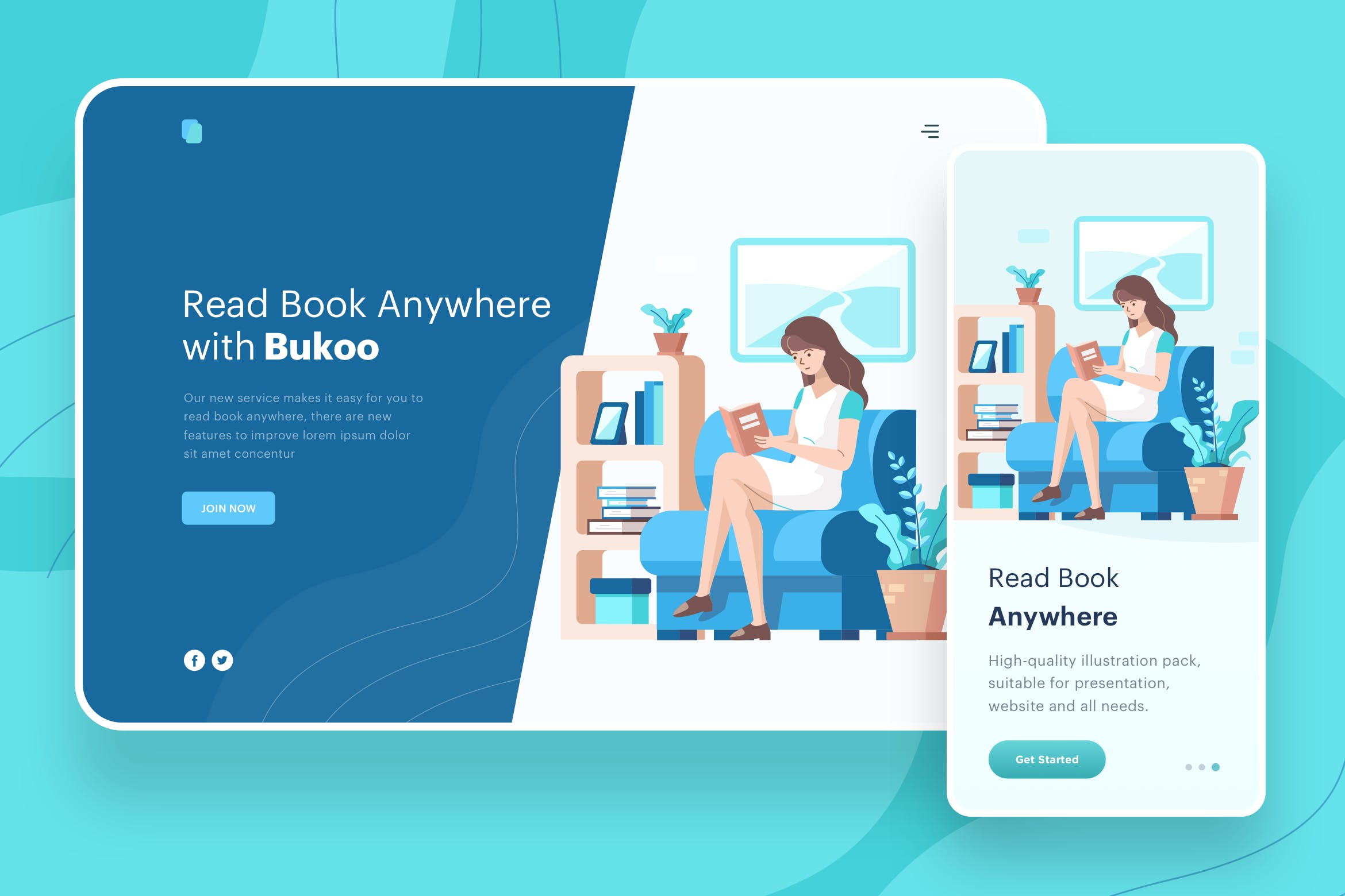 随身阅读主题网站矢量插画素材 Read Book Anywhere Illustration – Website Header插图