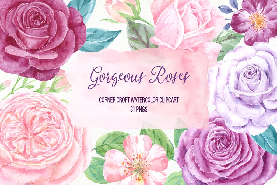 31个独立华丽水彩玫瑰剪贴画 Watercolor Gorgeous Roses插图