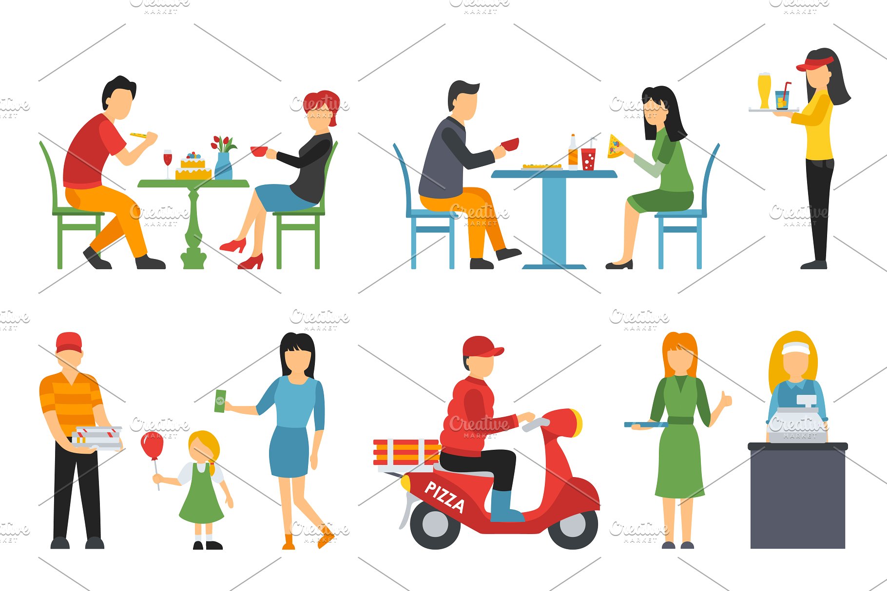各式职业人员吃披萨形象扁平化设计矢量插画 Pizzeria – flat people set插图(2)