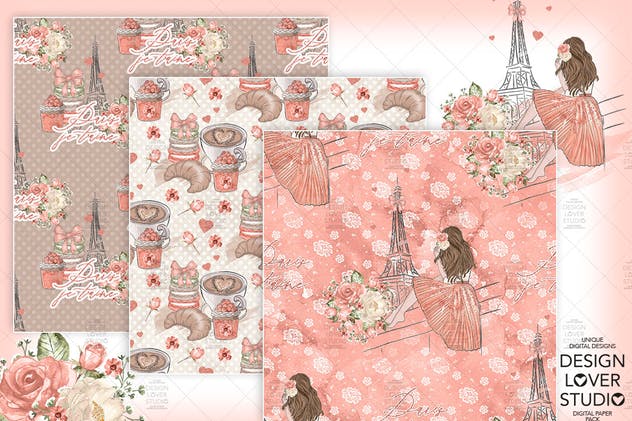 食物元素水彩花卉剪贴画设计套装 Paris je t’aime digital paper pack插图(1)