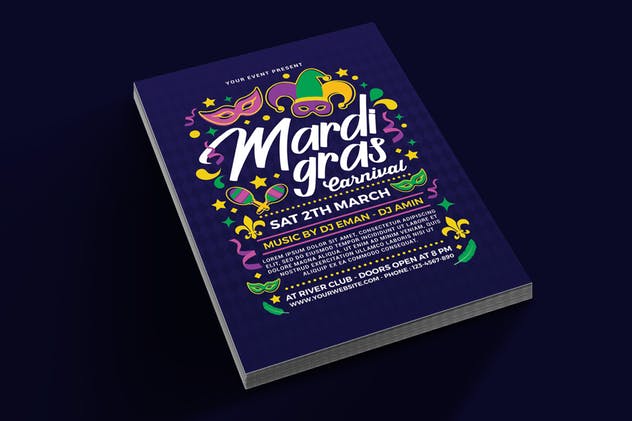 狂欢节嘉年华海报PSD模板 Mardi Gras Carnival插图(1)