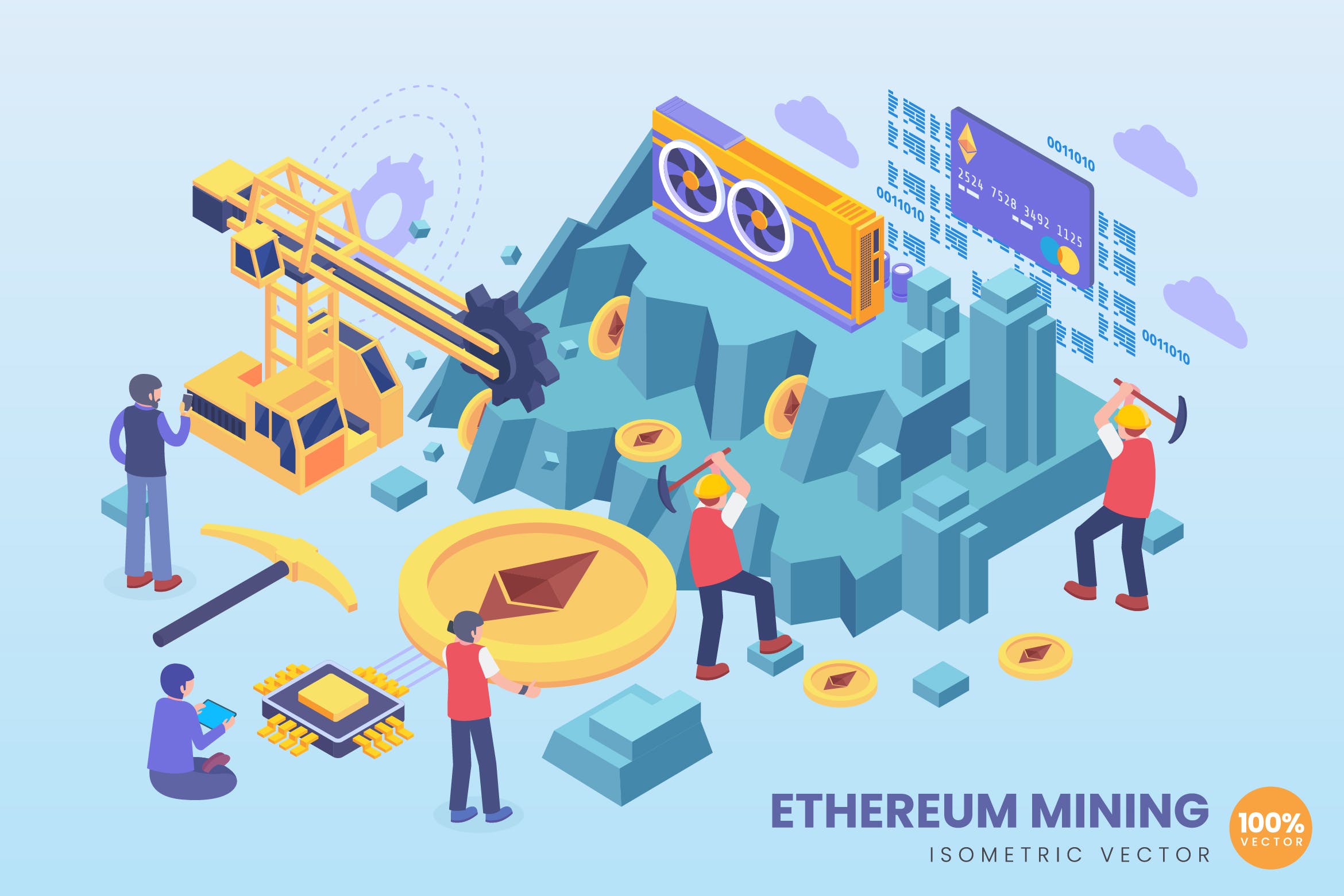 以太坊加密货币挖掘主题等距素材库精选概念插画 Isometric Ethereum Mining Vector Concept插图