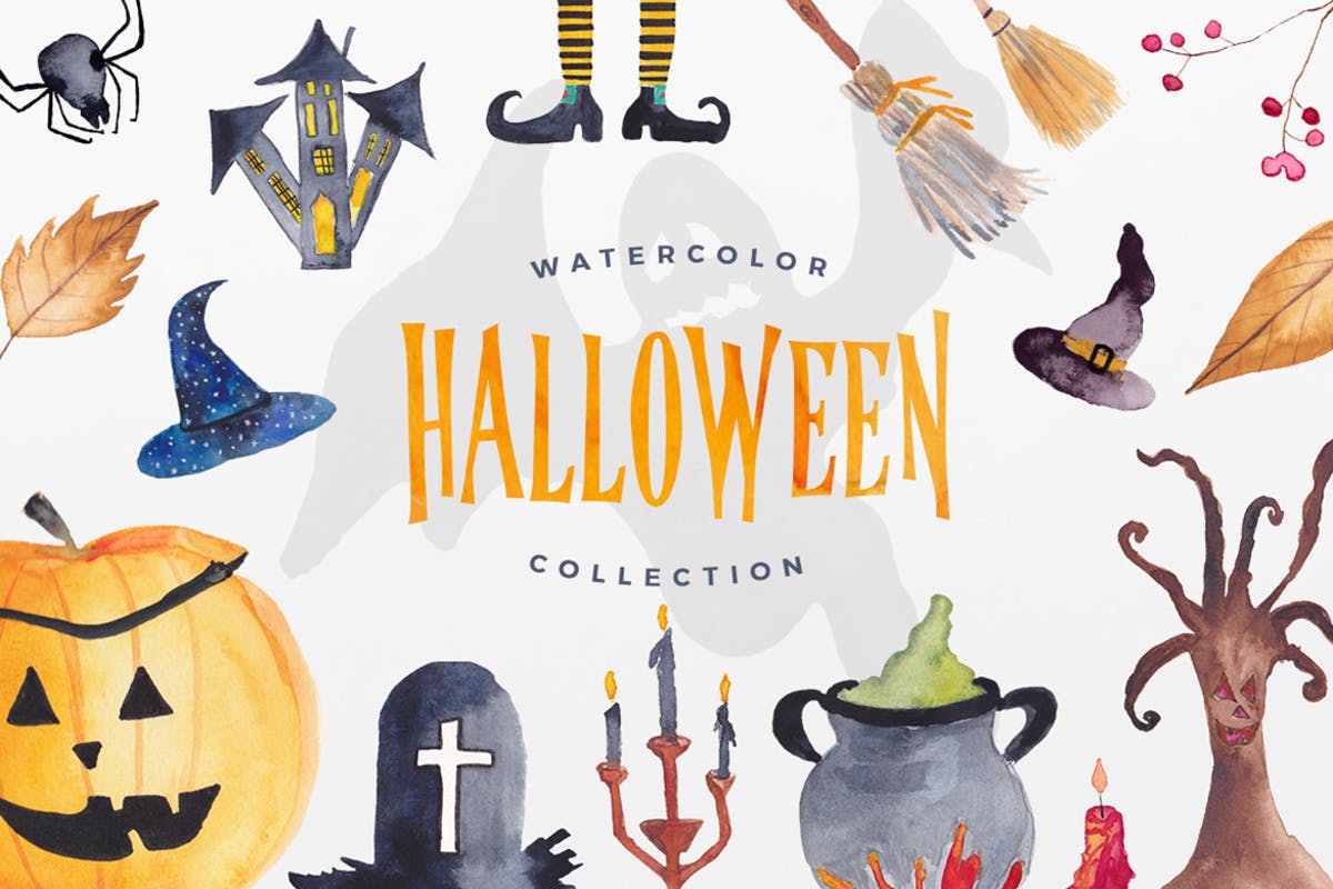 万圣节主题手绘水彩插图合集 Watercolor Halloween Collection插图