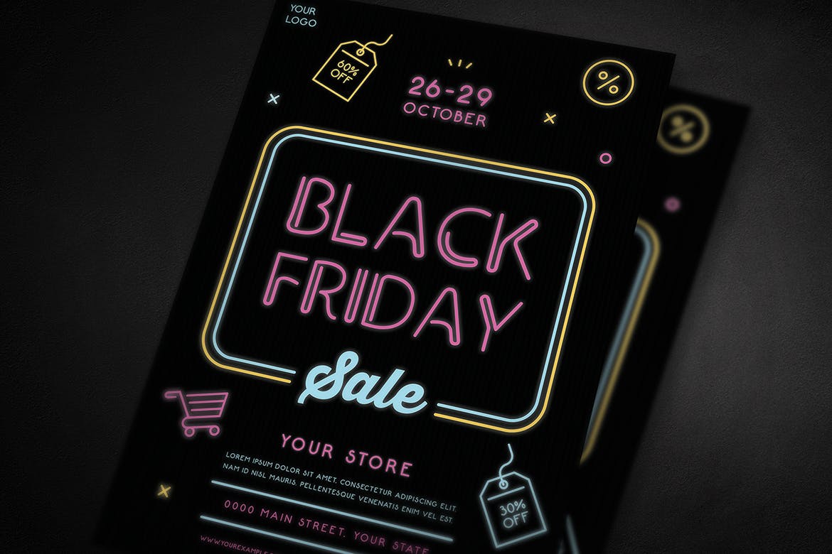 霓虹灯设计风格黒五购物节店铺促销广告传单海报模板 Black Friday Sale Flyer插图(2)