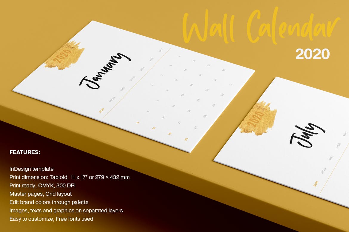 2020年超简约版式活页翻页日历设计模板 Wall Calendar 2020 Layout插图(7)