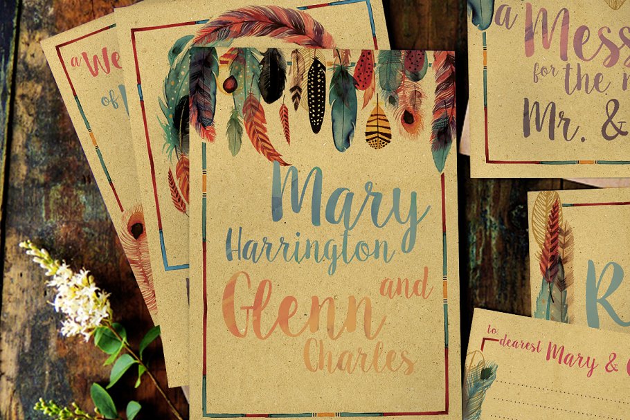 羽毛水彩婚纱邀请卡模板 Feather Watercolor Wedding Suite插图(1)