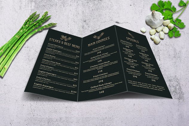 酷黑现代简约风格A4三折页菜单设计模板 Cassiopeia A4 Trifold Menu插图(2)