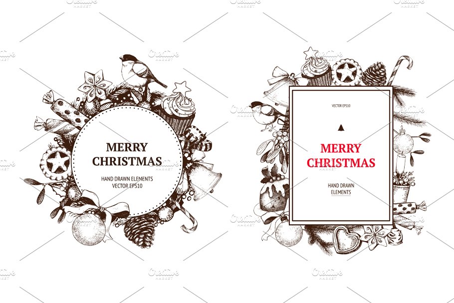 墨水手绘复古矢量圣诞插图 Vintage Christmas Illustrations插图(2)