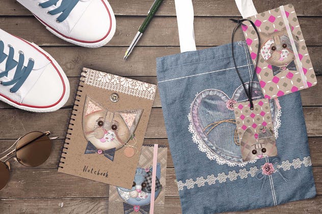 卡通猫布艺拼接图案剪贴画 CATS ON PATCH插图(3)