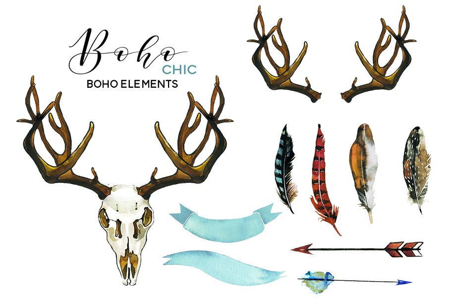 波希米亚风粉红色水彩花卉剪贴画 Boho Chic Pink Watercolor Flowers插图(5)