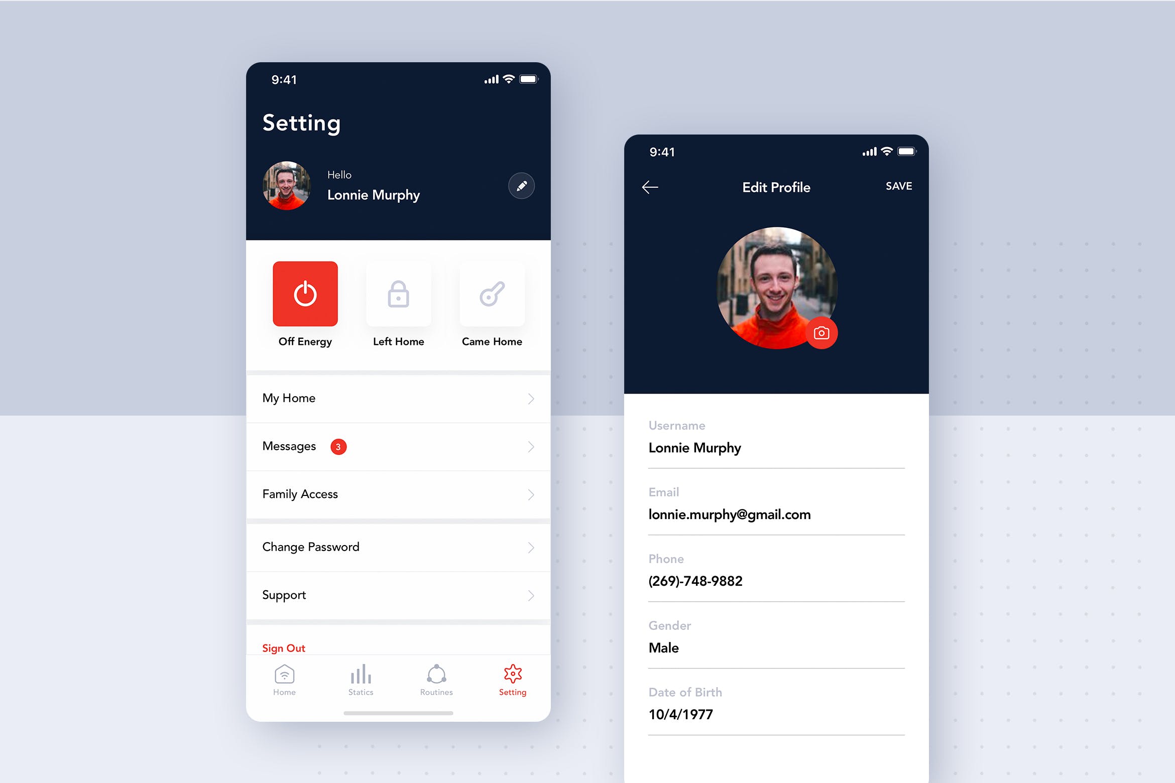 智能家居APP设置界面设计UI模板 Setting Profile screen concept for Smart home app插图
