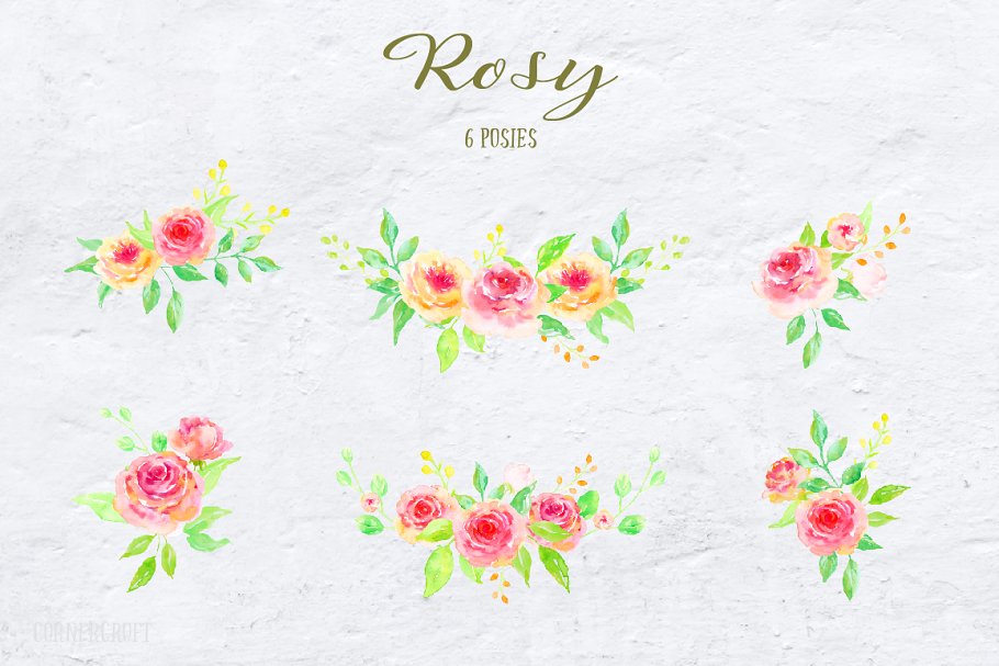 水彩手绘腮红粉装饰花卉元素 Watercolor Design Kit Rosy插图(2)