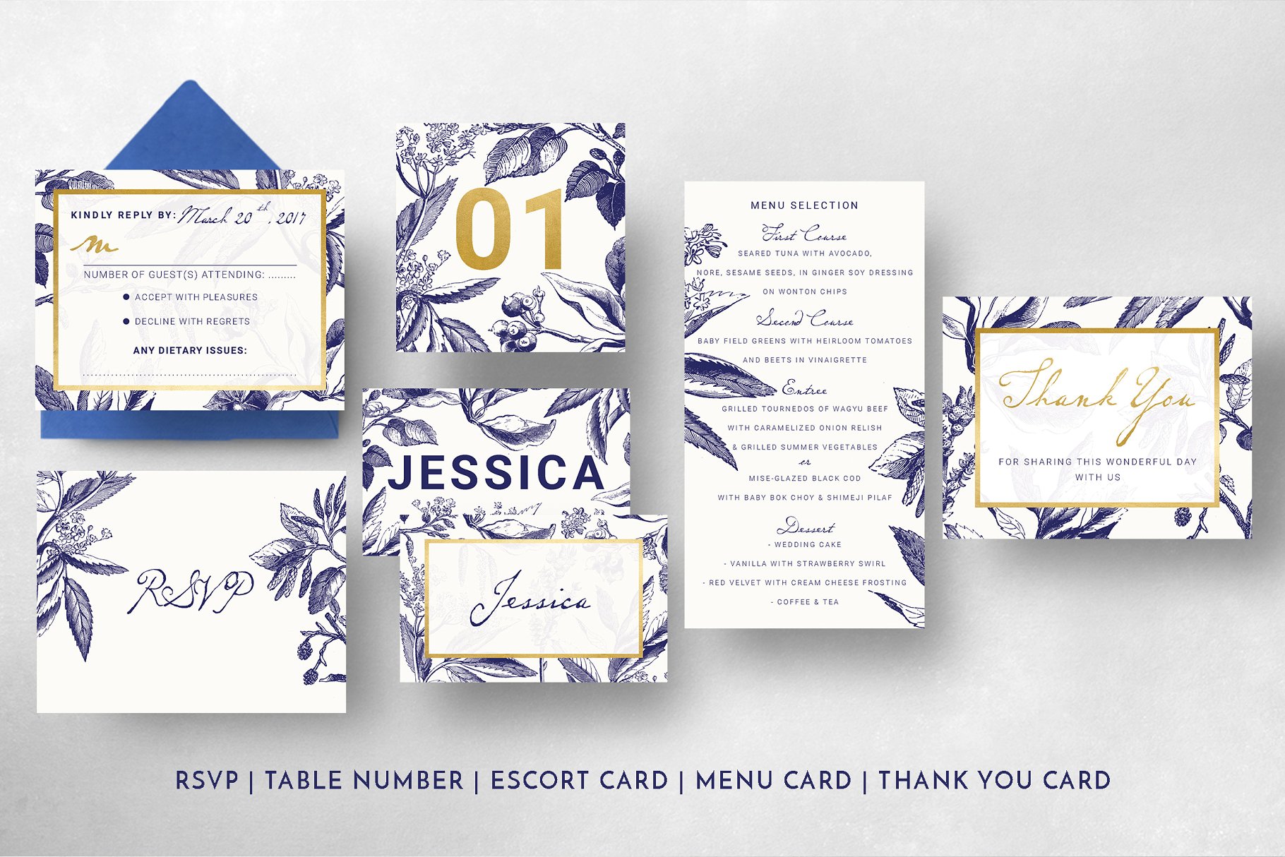 金色&海军蓝手绘图案插画婚礼邀请函设计模板 Gold & Navy Wedding Invitation Suite插图(6)