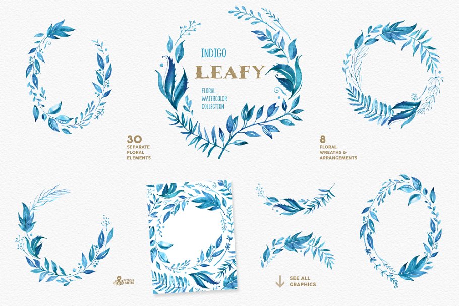 高品质靛蓝色手绘水彩花卉图案 Leafy Indigo. Watercolor Collection插图(1)